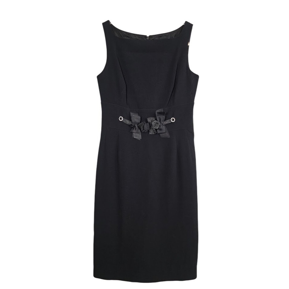 Max Mara Women's 4 Sheath Dress Black Rose Bow Rhinestone Italian LBD Sleeveless
